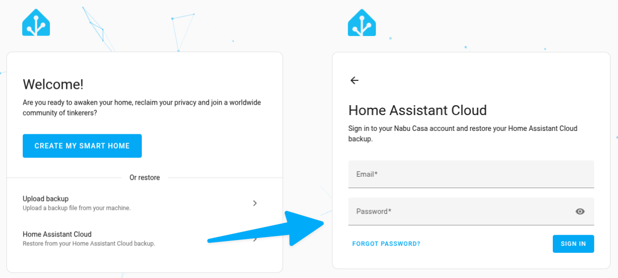 Screenshot showing the restore from Nabu Casa's Home Assistant Cloud during set up