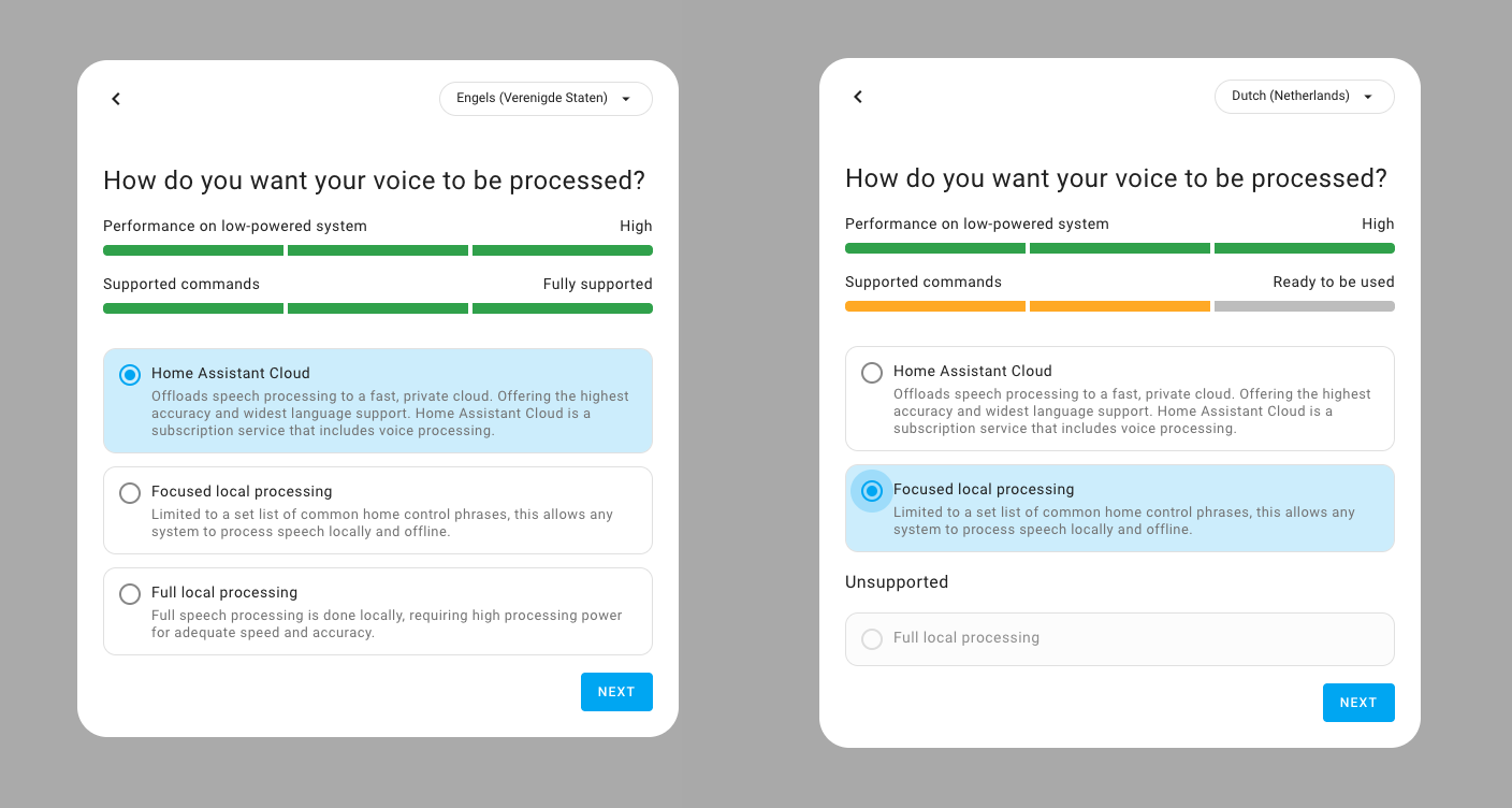 Two screenshots showing the new voice wizard that guides you setting up the best possible voice experience
